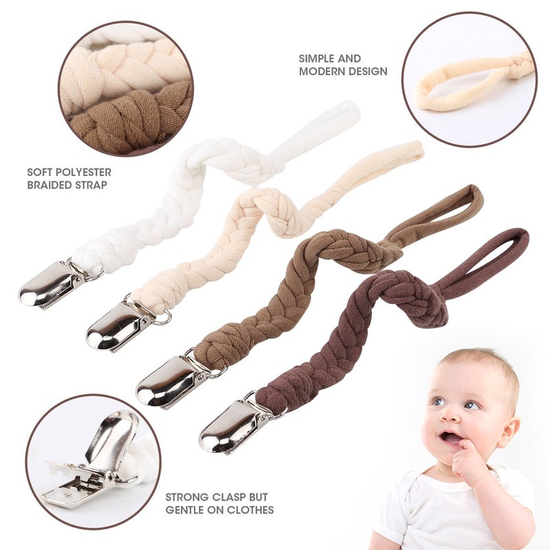 Kapihouse Pacifier Clips for Boys and Girls, Baby Holder Leash, Teething Toy or Soothie by Hand-Made Braided 4 Pack, Color E - Image 4